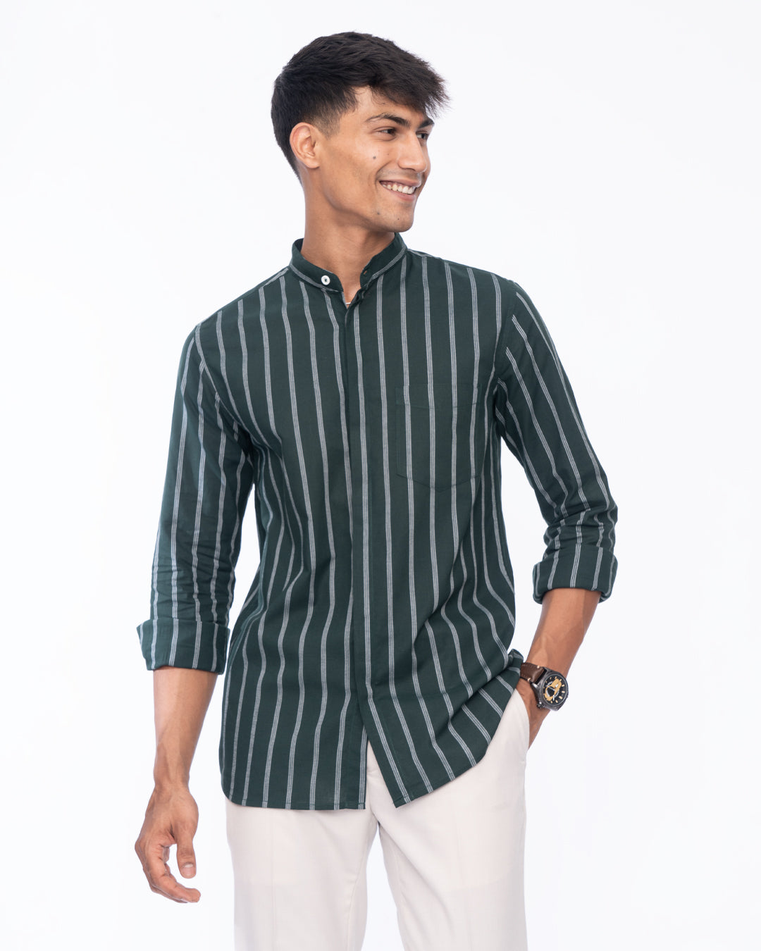 Lightweight breathable Mandarin green Collar Shirt for men, casual shirt