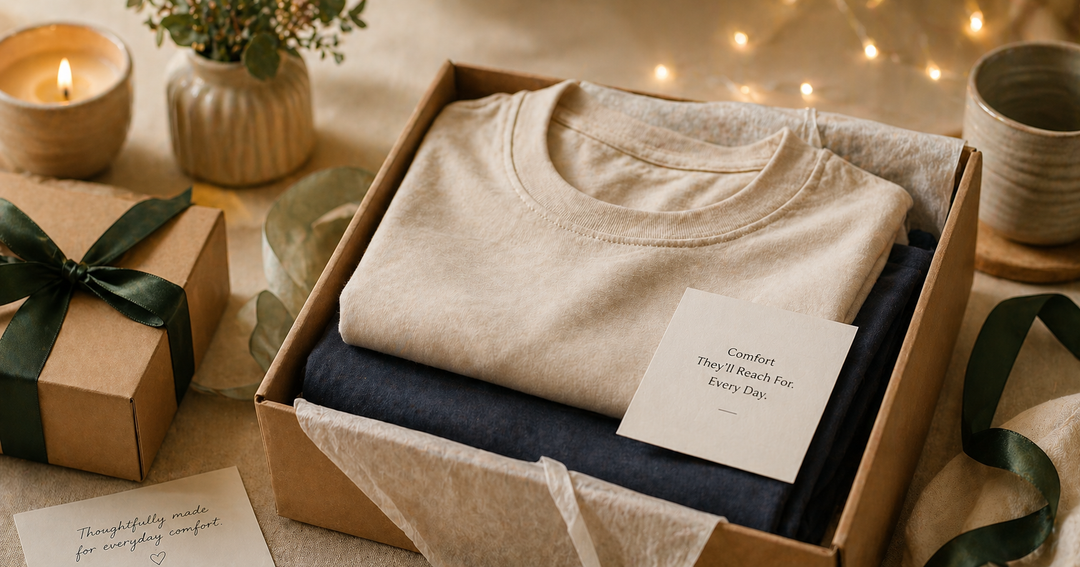 Bamboo t-shirt gift box with premium everyday essentials styled as a thoughtful comfort-focused clothing gift
