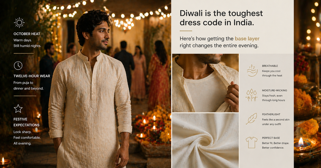 Festive Diwali outfit with breathable bamboo innerwear and layered ethnic clothing designed for all-day comfort in Indian heat
