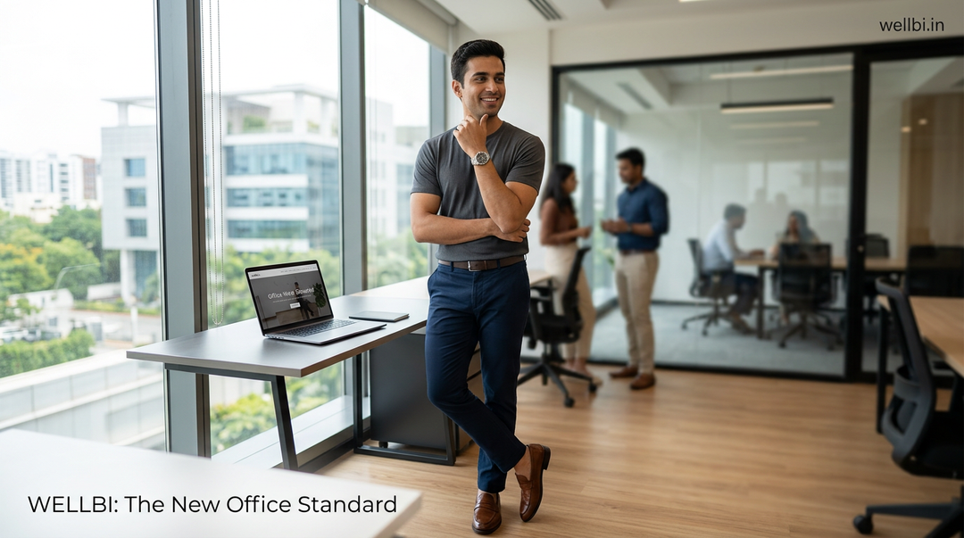 Man wearing a Wellbi bamboo cotton t-shirt in a modern Indian office — comfortable, polished, all-day ready