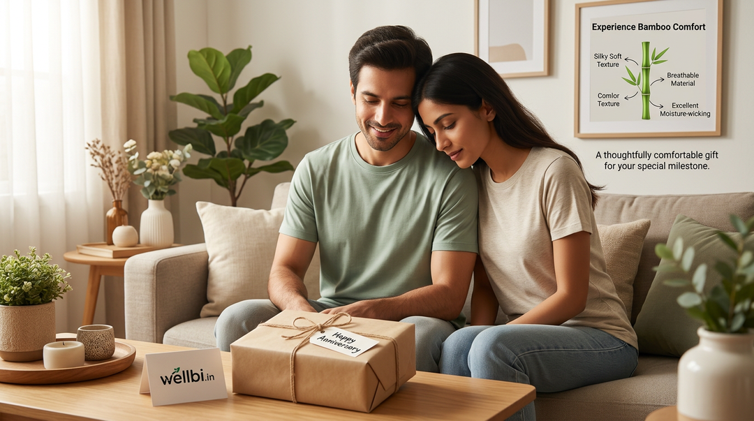 Couple unwrapping a Wellbi bamboo t-shirt gift on their anniversary — ultra-soft, breathable everyday wear that makes a thoughtful gift