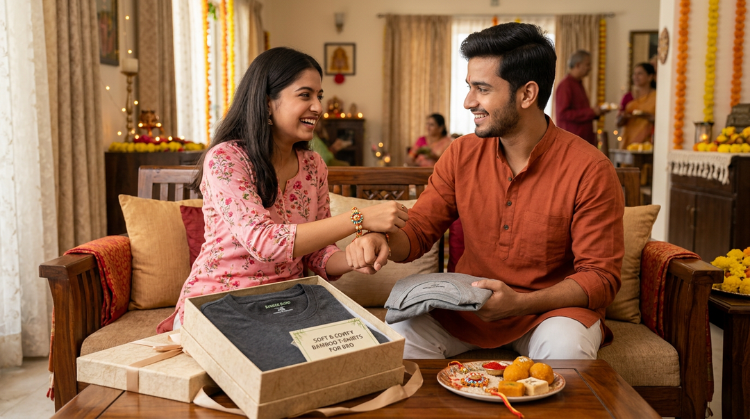 Sister gifting her brother Wellbi bamboo t-shirts on Raksha Bandhan — soft, comfortable everyday wear that makes a personal and practical festive gift