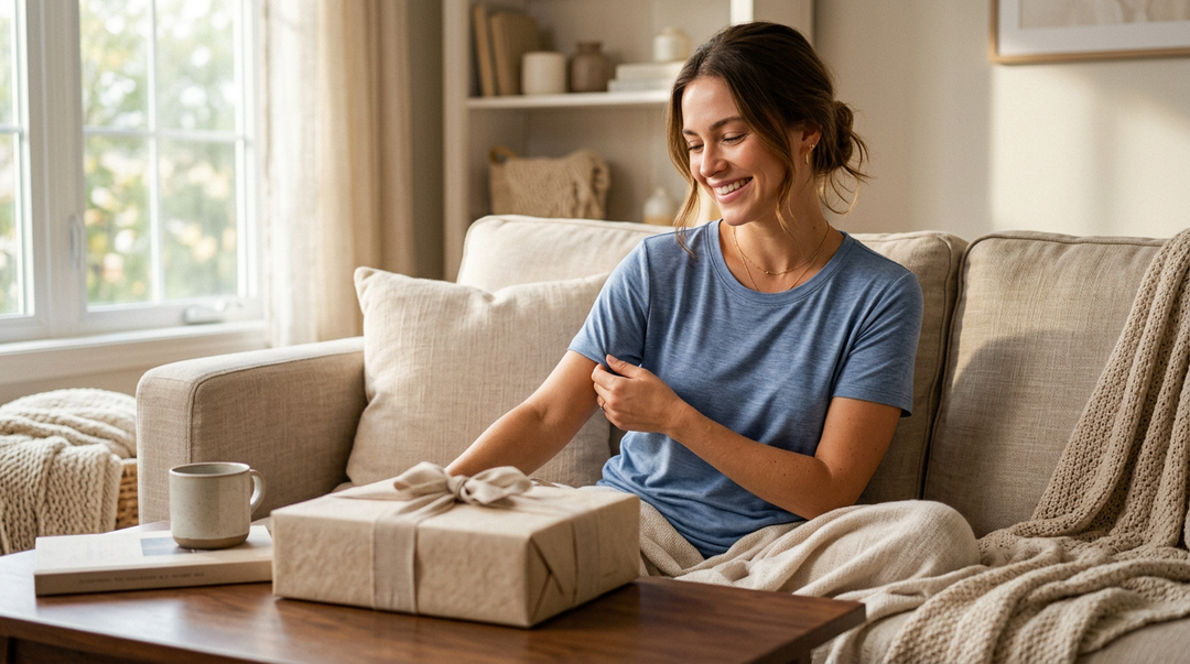 Woman unwrapping a Wellbi bamboo t-shirt gift at home — breathable, everyday-soft apparel that makes a comfortable and practical gift for her