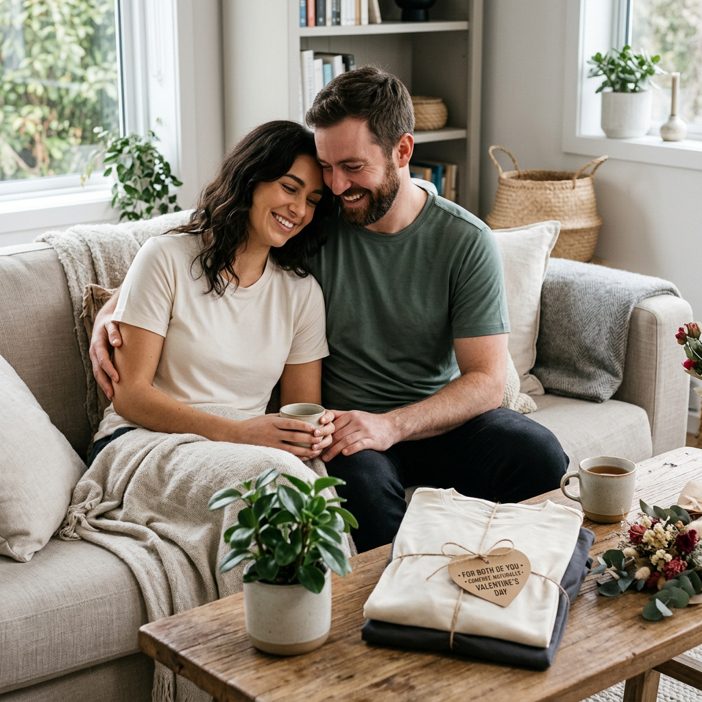 Couple in matching Wellbi bamboo t-shirts sharing a quiet Valentine's Day at home — a thoughtful, low-key gift for partners who prefer comfort over grand gestures