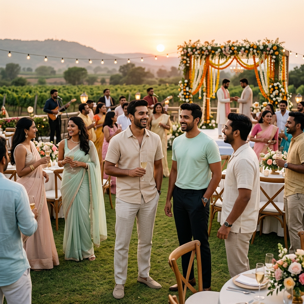 Men wearing Wellbi bamboo t-shirts at an outdoor summer wedding in India — lightweight, breathable and stylish enough for festive celebrations in the heat