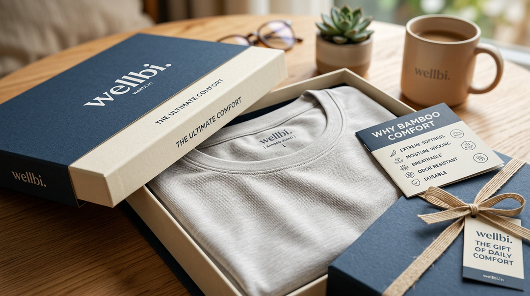  Wellbi bamboo t-shirt gift box with a fabric feature card highlighting extreme softness, moisture wicking, breathability and odour resistance — premium everyday comfort gifting 