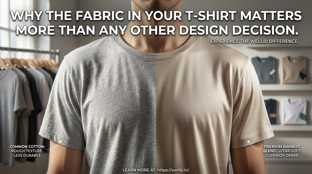 Side-by-side fabric comparison of a common cotton t-shirt versus Wellbi's premium bamboo blend t-shirt — softer texture, superior drape and better durability explained visually