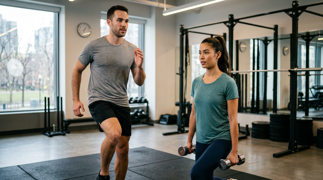 Man and woman working out in a gym wearing Wellbi bamboo blend t-shirts — breathable, moisture-wicking fabric that stays soft and comfortable through every rep