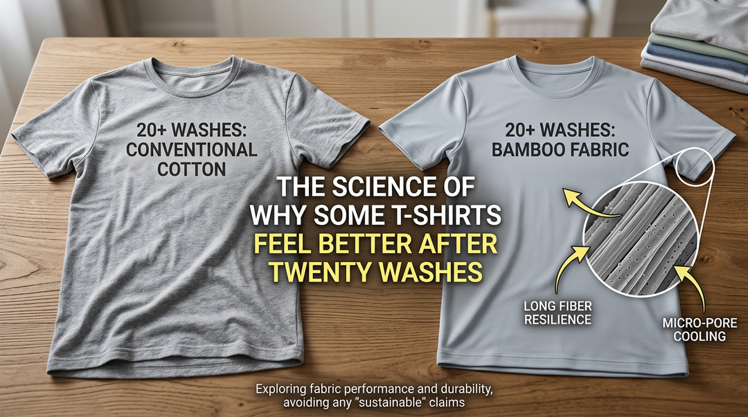 Wellbi bamboo fabric t-shirt versus conventional cotton after 20+ washes — bamboo's long fibre resilience and micro-pore structure keep it softer and better performing over time