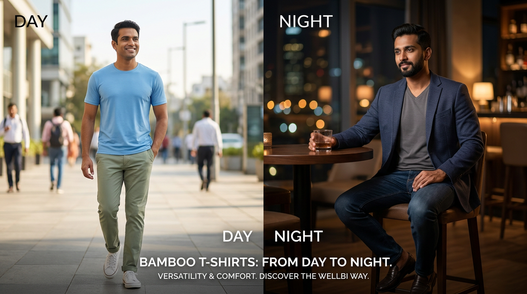 Wellbi bamboo t-shirt styled two ways — casual daywear on a city street and smart casual with a blazer for an evening out, proving one t-shirt works all day long