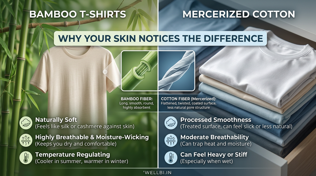 Wellbi bamboo t-shirt versus mercerized cotton — fibre-level comparison showing why bamboo's naturally round, smooth, absorbent fibres feel softer, more breathable and more comfortable against skin
