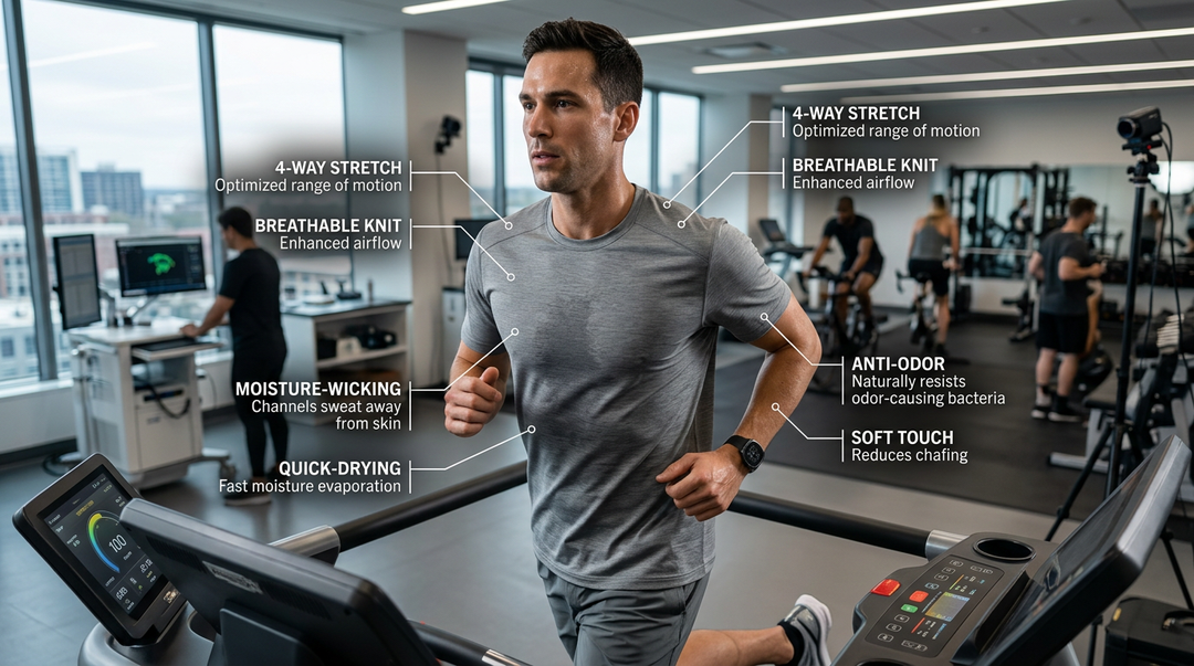 Wellbi bamboo t-shirt performance features annotated on a man running on a treadmill — 4-way stretch, breathable knit, moisture-wicking, quick-drying, anti-odour and soft touch fabric explained