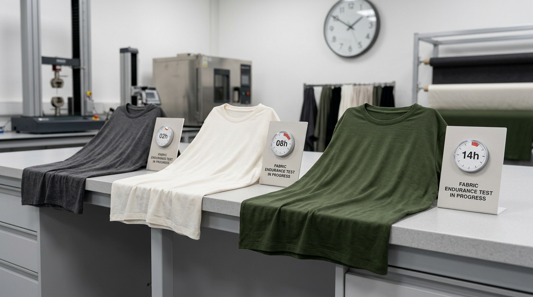 Wellbi bamboo t-shirts undergoing fabric endurance testing at 2, 8 and 14 hours in a quality control lab — demonstrating the durability and long-wear comfort of the bamboo blend fabric