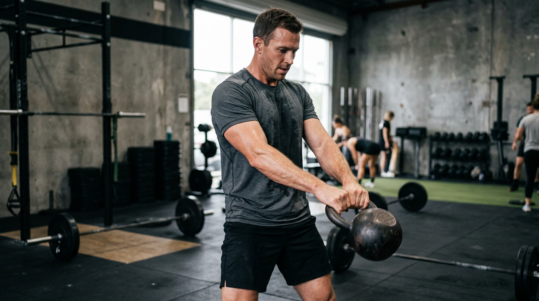 Man doing kettlebell training in a Wellbi bamboo blend t-shirt — moisture-wicking, stretch-fit fabric that moves with you and stays comfortable through intense workouts