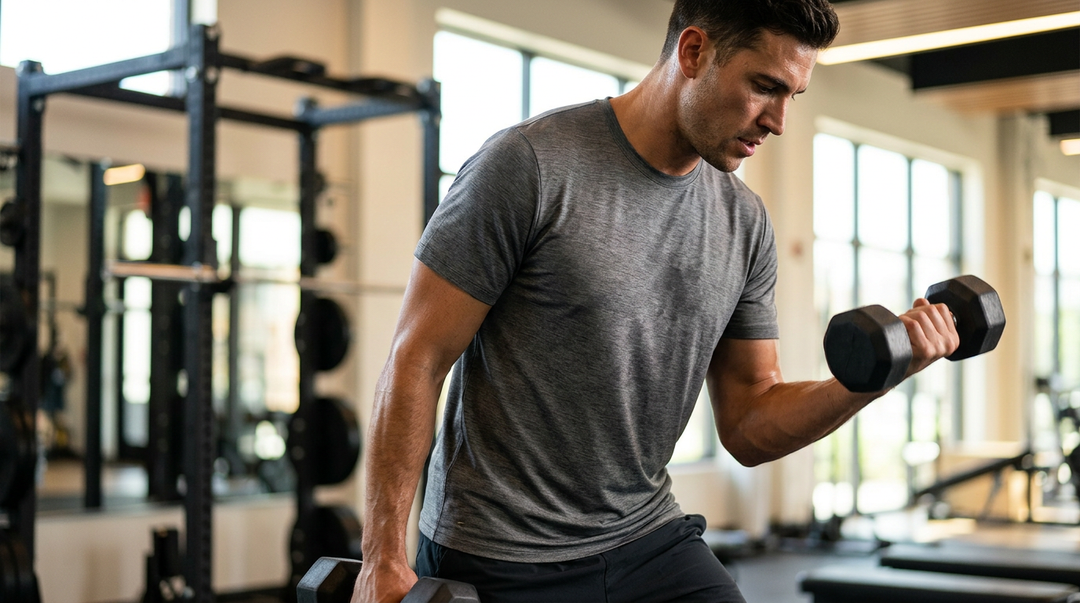 Man doing dumbbell curls in a Wellbi bamboo blend t-shirt — soft, breathable fabric that stretches with every rep and keeps you cool through a full gym session