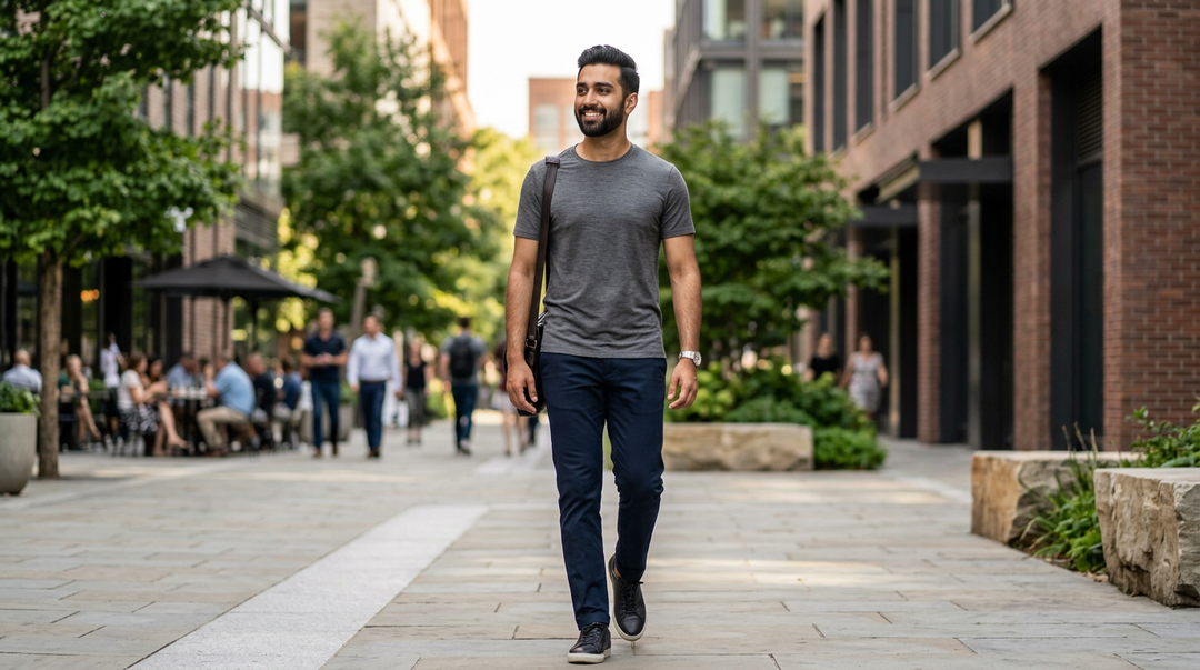 Indian man confidently walking through a city in a Wellbi bamboo blend t-shirt — all-day breathable comfort that looks and feels better than regular cotton, wherever the day takes you