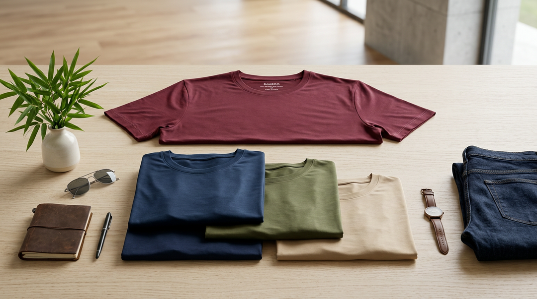 ``` Wellbi bamboo t-shirts in four everyday colours — burgundy, navy, olive and warm sand — laid out with jeans, a watch and a notebook as the simplest, most comfortable daily wear decision you can make ```
