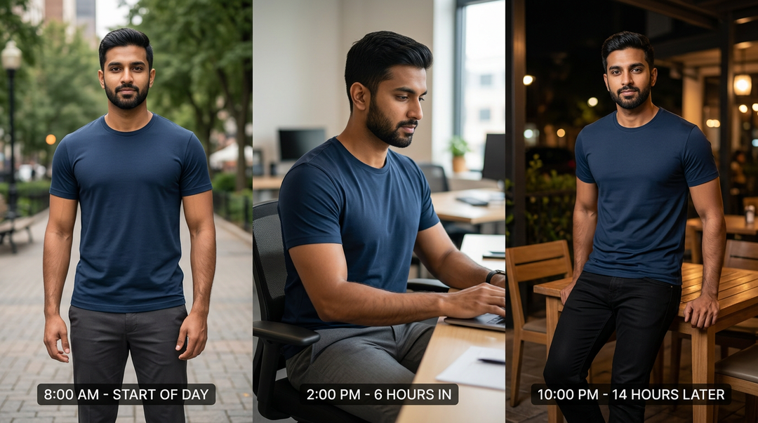 ``` Indian man wearing a Wellbi navy bamboo t-shirt at 8am outdoors, 2pm at his office desk and 10pm at a cafe — looking and feeling fresh through 14 hours of daily wear ```
