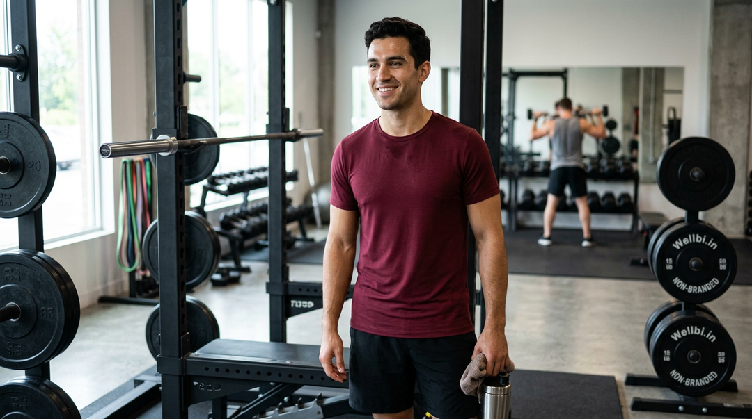 Man smiling after a gym session in a Wellbi burgundy bamboo blend t-shirt — lightweight, breathable fabric that keeps you comfortable from the first rep to the last