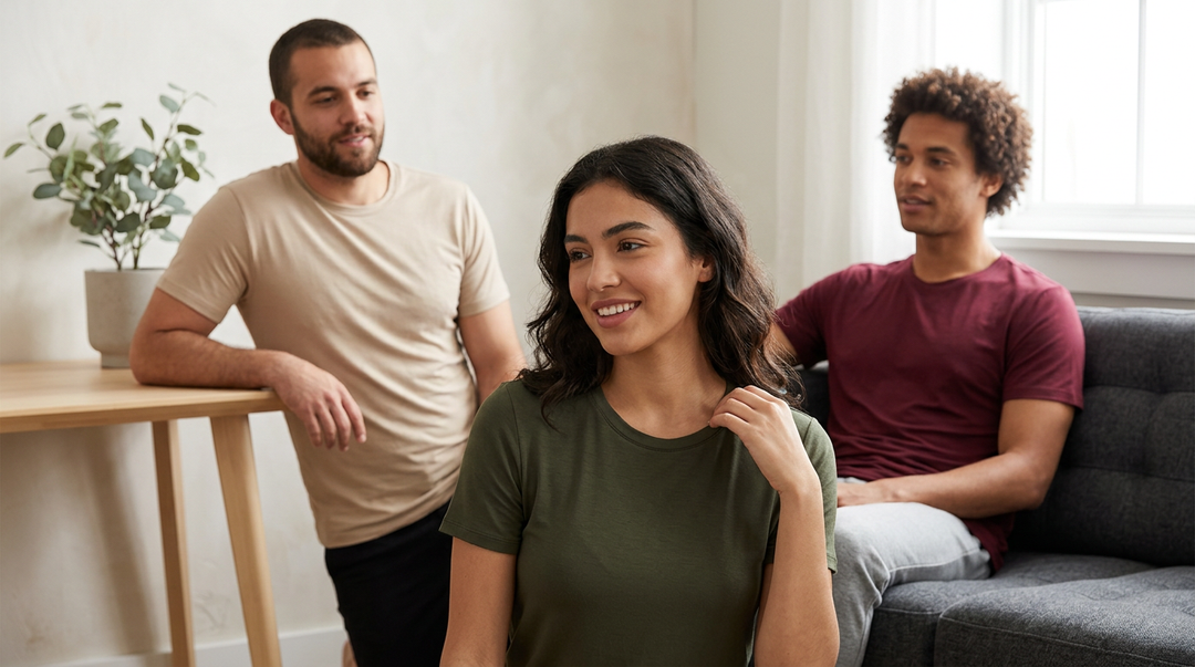 ``` Three friends relaxing at home in Wellbi bamboo t-shirts in olive, warm sand and burgundy — everyday comfort that looks effortless and feels soft from morning to night ```