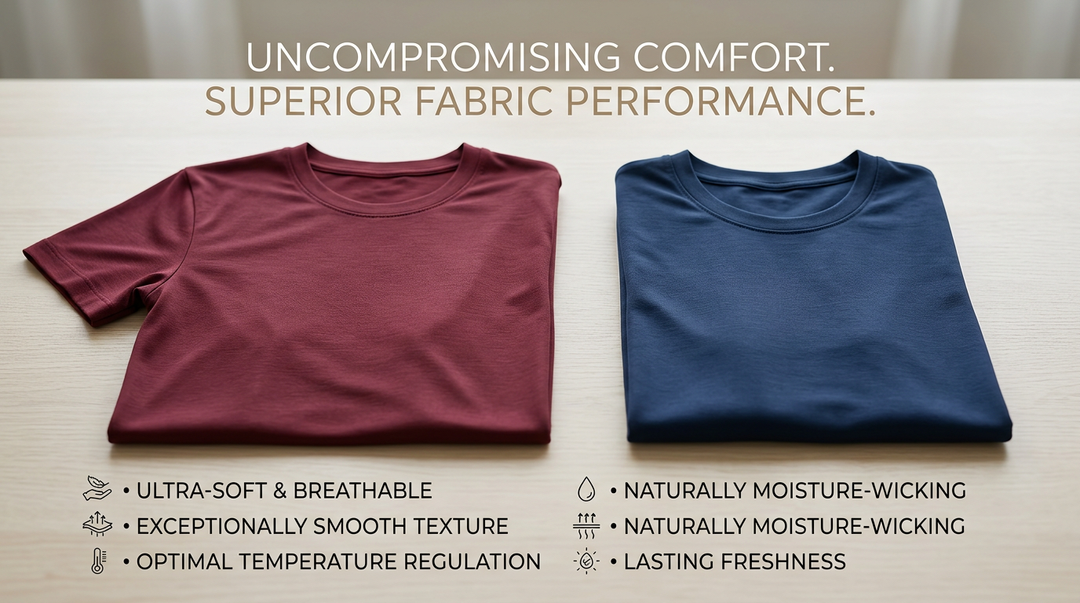 Wellbi bamboo t-shirts in maroon and navy with fabric performance callouts — ultra-soft, breathable, moisture-wicking, temperature-regulating and odour-resistant for all-day comfort