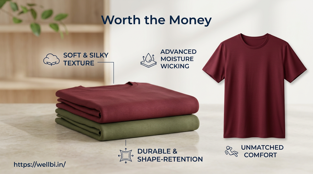 Wellbi bamboo t-shirts in burgundy and olive showing four key fabric benefits — soft and silky texture, advanced moisture wicking, durable shape retention and unmatched all-day comfort