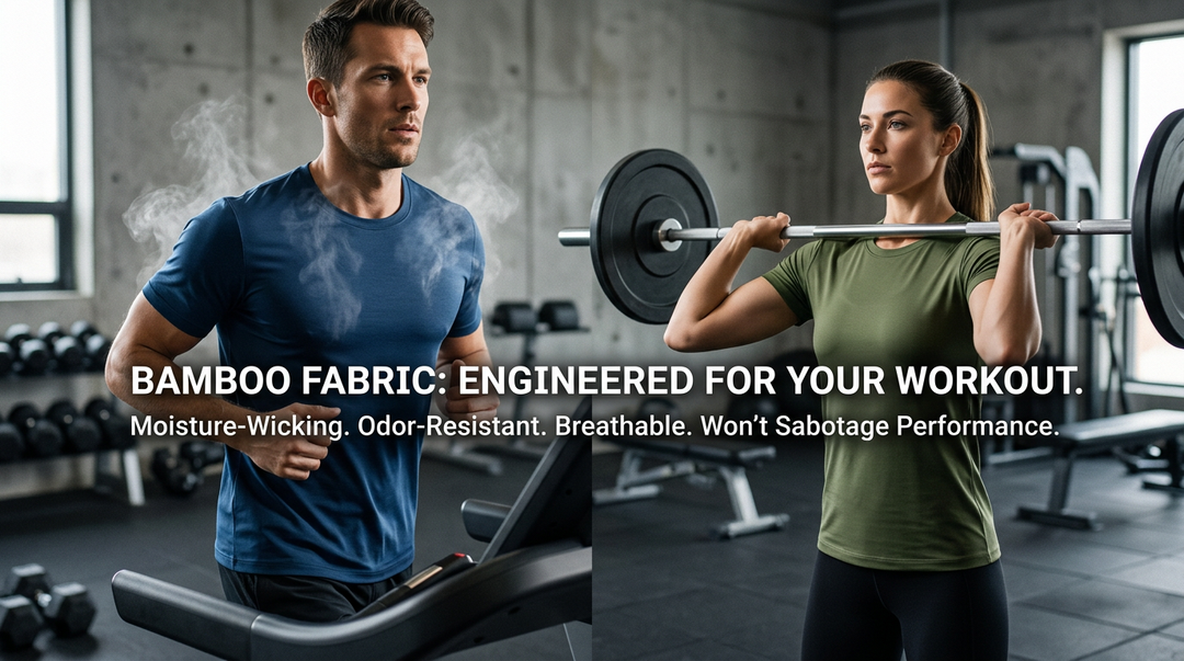 Man running on a treadmill and woman doing barbell squats in Wellbi bamboo t-shirts — moisture-wicking, odour-resistant and breathable fabric built to perform through any workout