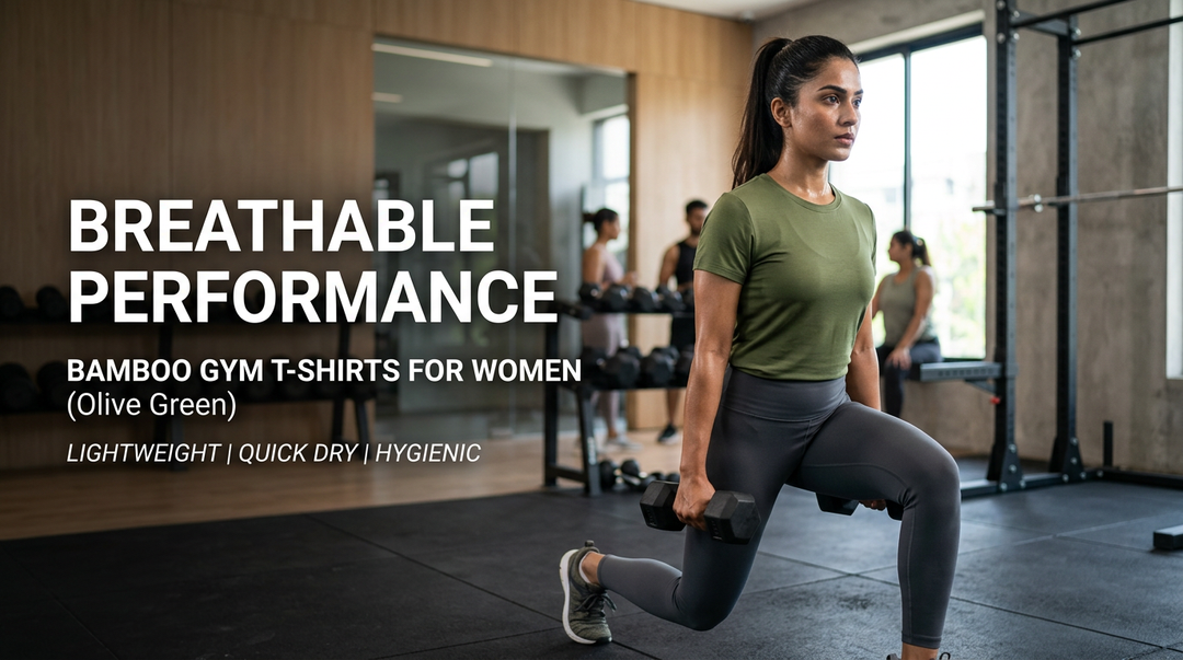 Indian woman doing dumbbell lunges in a Wellbi olive green bamboo gym t-shirt — lightweight, quick-dry and hygienic fabric built for breathable performance through every training session