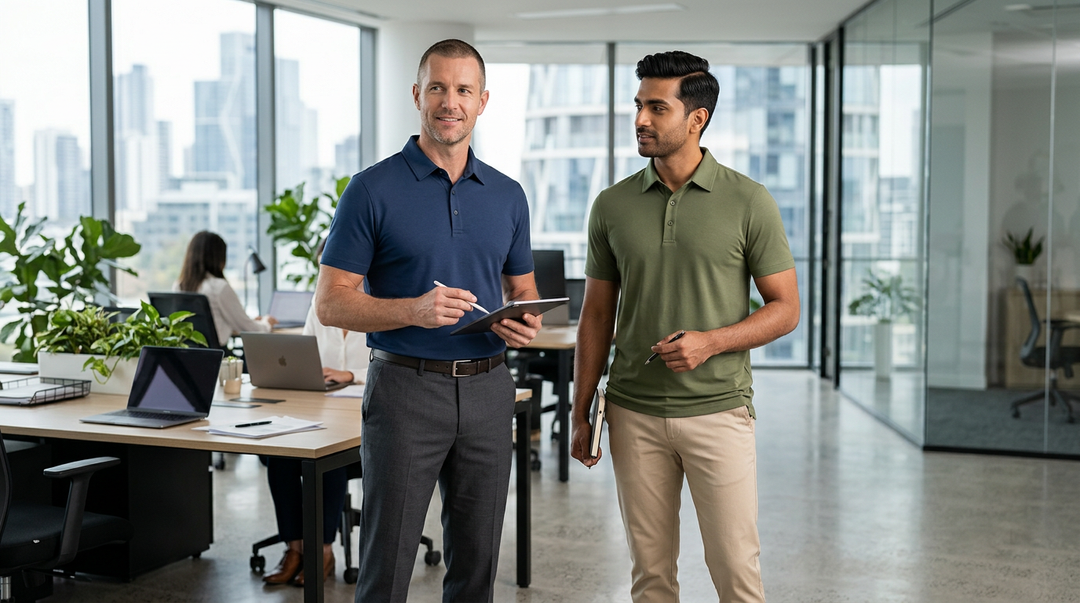 Two professionals in a modern office wearing Wellbi bamboo polo shirts in navy and olive — polished enough for client meetings, comfortable enough for a full day at the desk