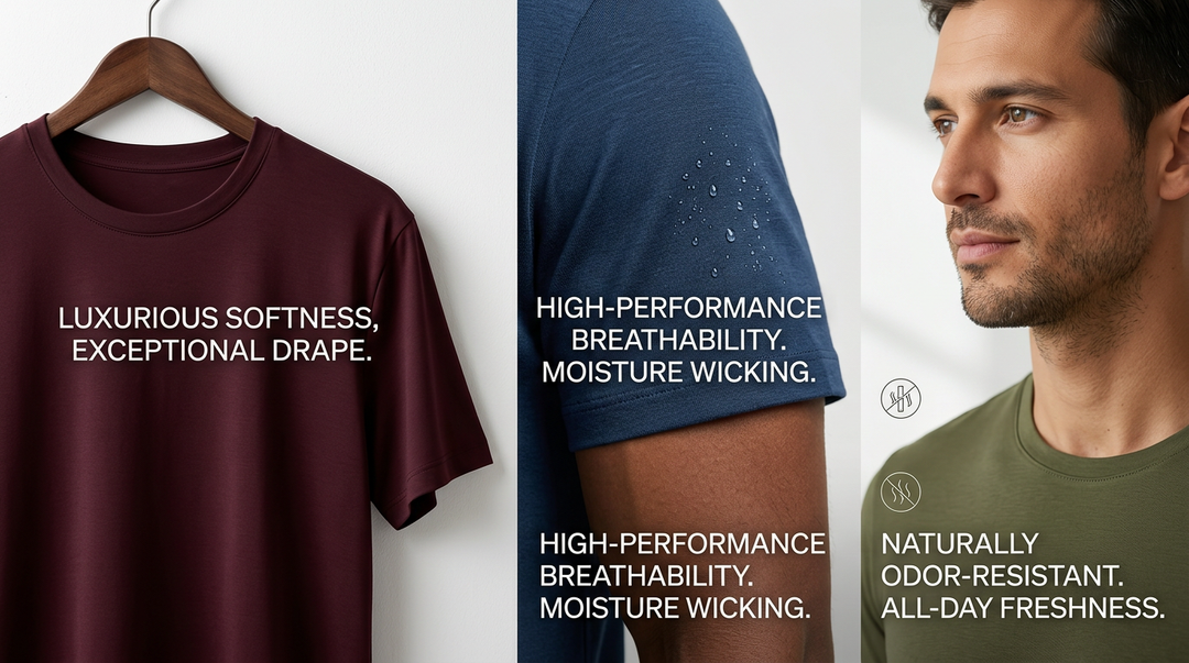 Wellbi bamboo t-shirts in burgundy, navy and olive showcasing three fabric properties up close — luxurious softness and drape, high-performance moisture wicking, and naturally odour-resistant all-day freshness
