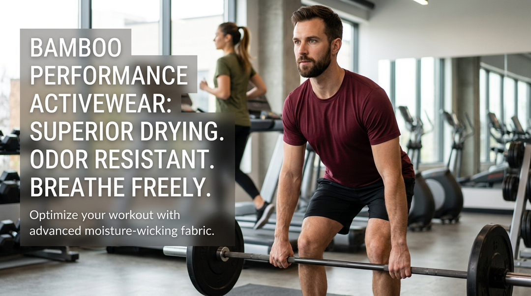 Man deadlifting in a Wellbi burgundy bamboo performance t-shirt with a woman running on a treadmill behind him — superior quick-dry, odour-resistant and breathable activewear built for serious training
