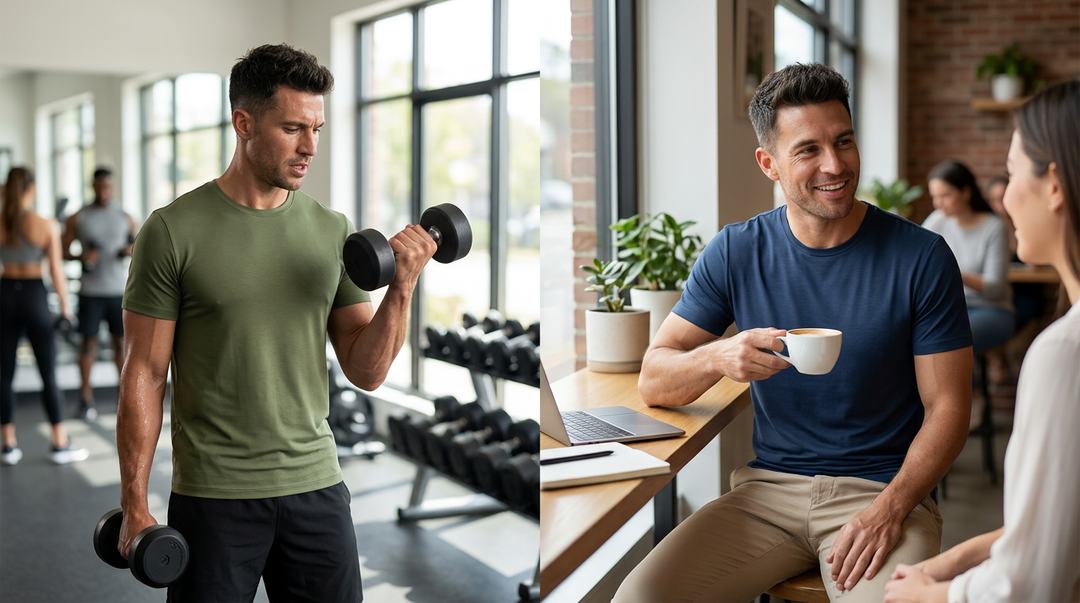 Man wearing a Wellbi olive bamboo t-shirt at the gym and a navy one at a café — versatile, gym-to-street fabric that performs during the workout and looks sharp after it