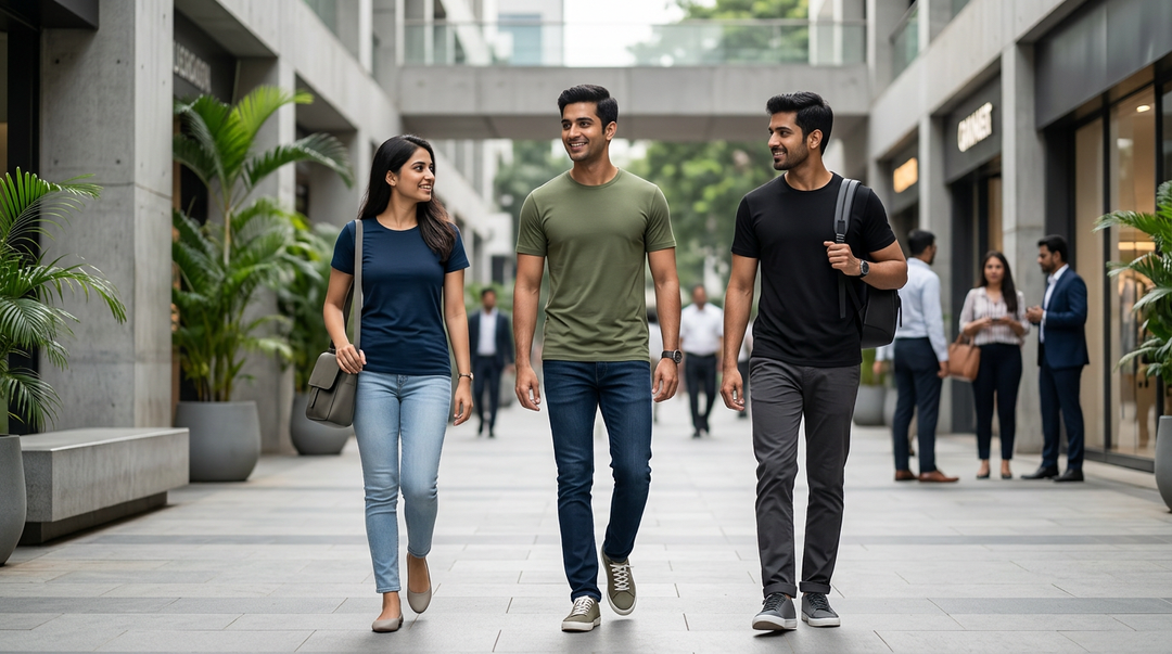 Three young Indians walking through a city in Wellbi bamboo t-shirts in navy, olive and black — effortlessly comfortable everyday wear that looks put-together from campus to corporate district