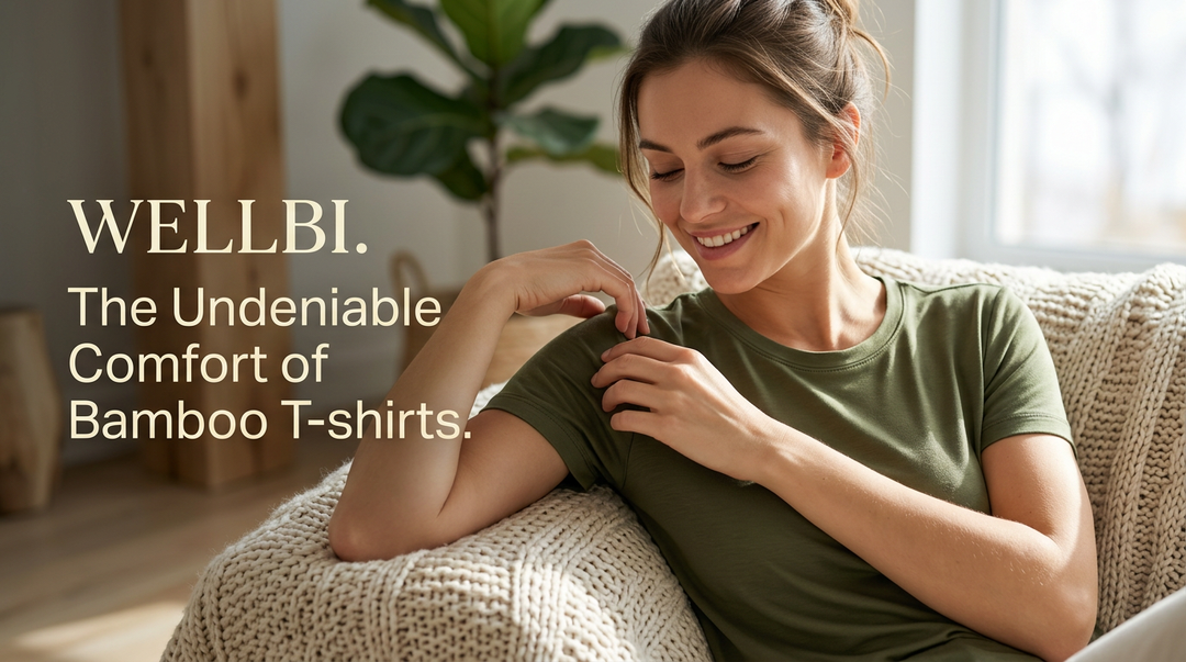 Woman feeling the fabric of her Wellbi olive bamboo t-shirt while relaxing at home — noticeably softer against the skin than regular cotton, all day long