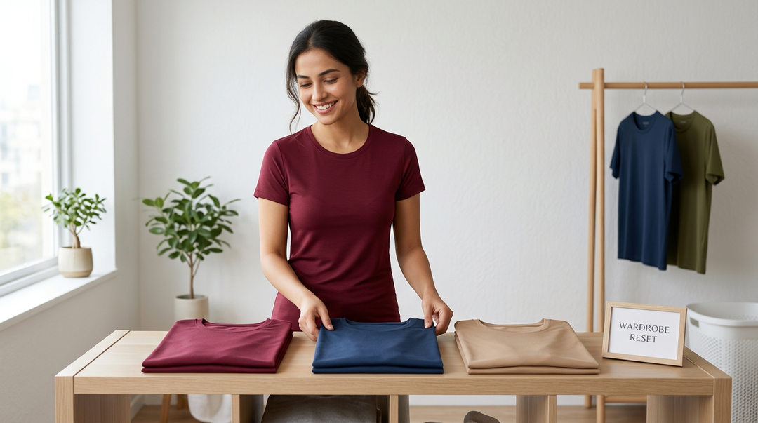 Indian woman in a Wellbi burgundy bamboo t-shirt organising a wardrobe reset with folded navy and warm sand tees on the table and olive and navy hanging behind — building a simple, comfortable everyday basics collection