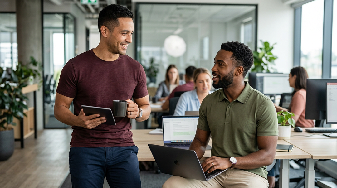 Two colleagues in a modern open-plan office wearing Wellbi bamboo t-shirt and polo in burgundy and olive — breathable, comfortable everyday workwear that looks sharp through a full day at the office