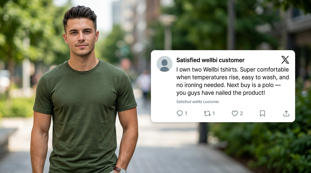Man wearing a Wellbi olive bamboo t-shirt outdoors alongside a customer review praising its comfort in the heat, easy wash care and no-iron finish — a repeat buyer already planning their next Wellbi purchase