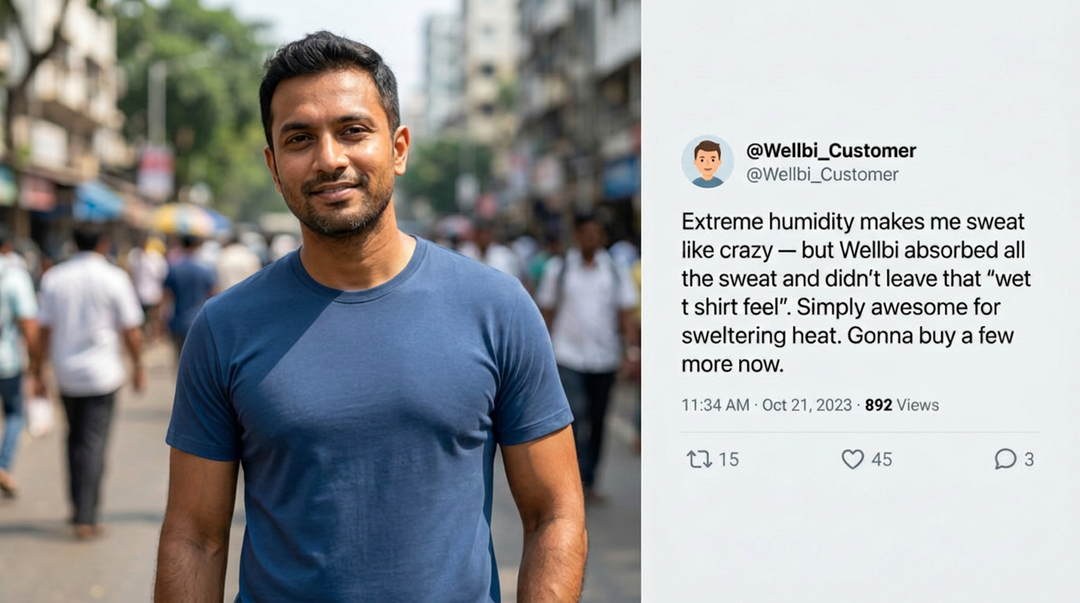 Indian man in a Wellbi navy bamboo t-shirt on a busy city street alongside a customer review praising how the fabric absorbed sweat in extreme humidity without leaving a wet t-shirt feel — comfort that holds up in India's most sweltering conditions