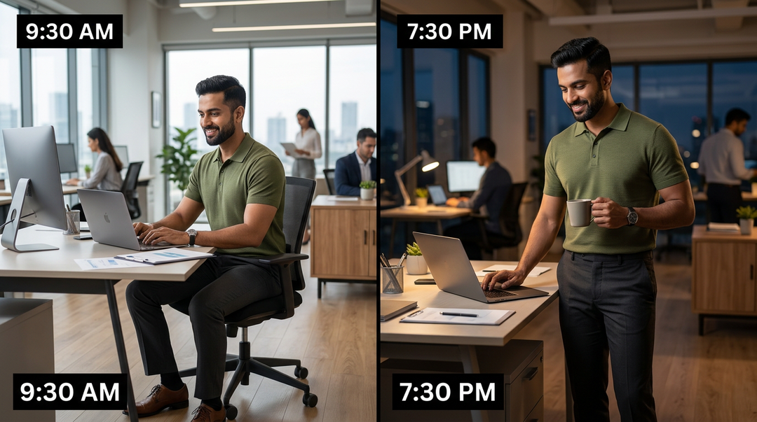 Indian professional wearing a Wellbi olive bamboo polo at his desk at 9:30am and still comfortable at 7:30pm — fabric that stays fresh, breathable and presentable through a full ten-hour workday