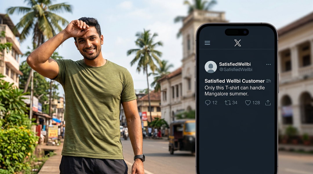 Indian man in a Wellbi olive bamboo t-shirt on a sunny Mangalore street alongside a customer tweet saying it is the only t-shirt that can handle Mangalore summer — comfort proven in India's most humid coastal heat