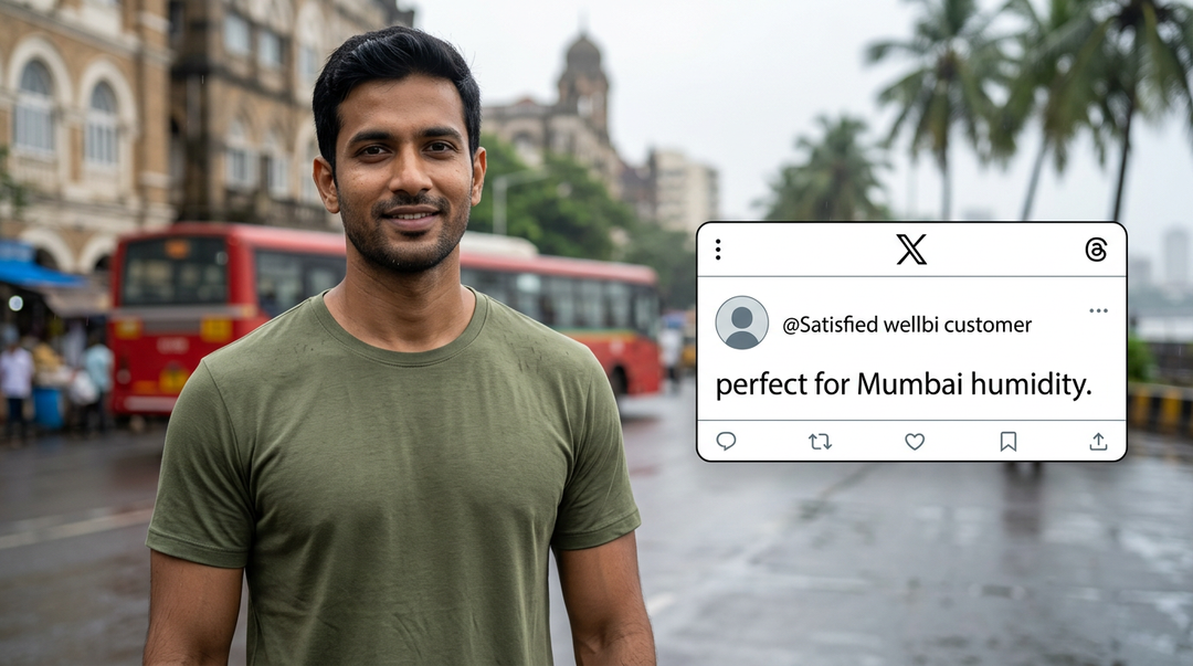 Indian man in a Wellbi olive bamboo t-shirt on a wet Mumbai street alongside a customer review calling it perfect for Mumbai humidity — breathable fabric built for India's most demanding coastal climate