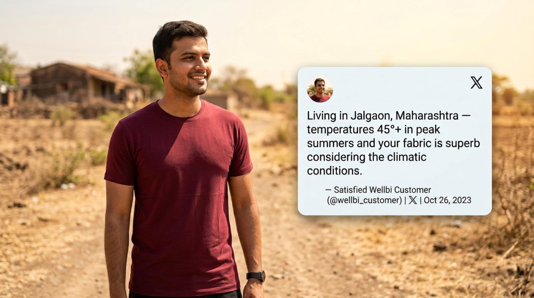 Indian man wearing a Wellbi burgundy bamboo t-shirt outdoors in intense summer heat, alongside a customer review praising how well the fabric performs in 45°C temperatures in Jalgaon, Maharashtra