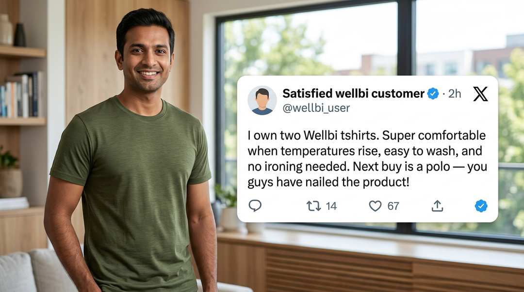 Indian man smiling at home in a Wellbi olive bamboo t-shirt alongside a customer tweet praising its comfort in the heat, easy wash care, no-iron finish and product quality good enough to buy again