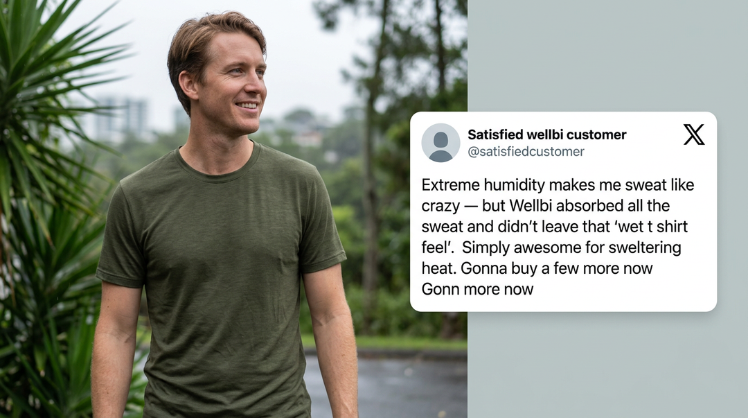 Man wearing a Wellbi olive bamboo t-shirt outdoors in humid tropical weather alongside a customer review praising how the fabric absorbed sweat without leaving a wet t-shirt feel — comfortable enough to buy several more