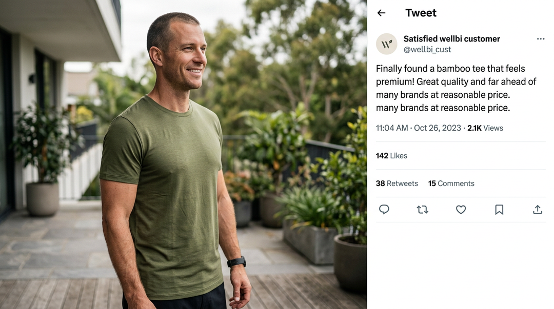 Man wearing a Wellbi olive bamboo t-shirt on a terrace alongside a customer tweet praising the premium feel and quality at a reasonable price — proof that Wellbi outperforms far pricier brands