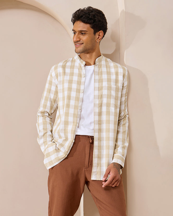 Beige Checkered -  Mandarin Shirt