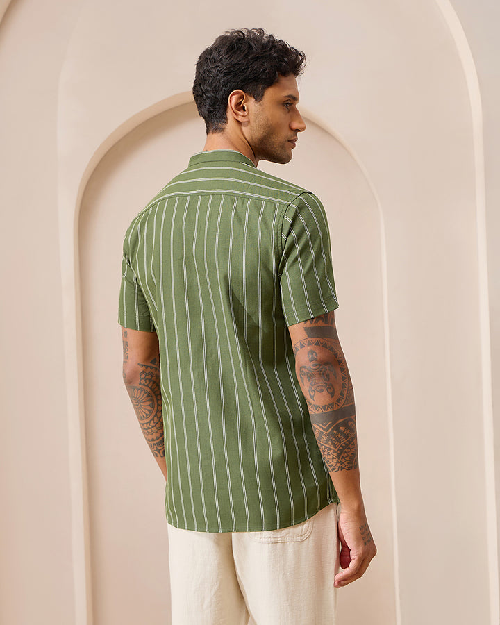 Green Striped - Mandarin Shirt