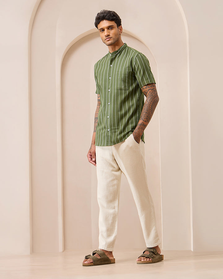 Green Striped - Mandarin Shirt