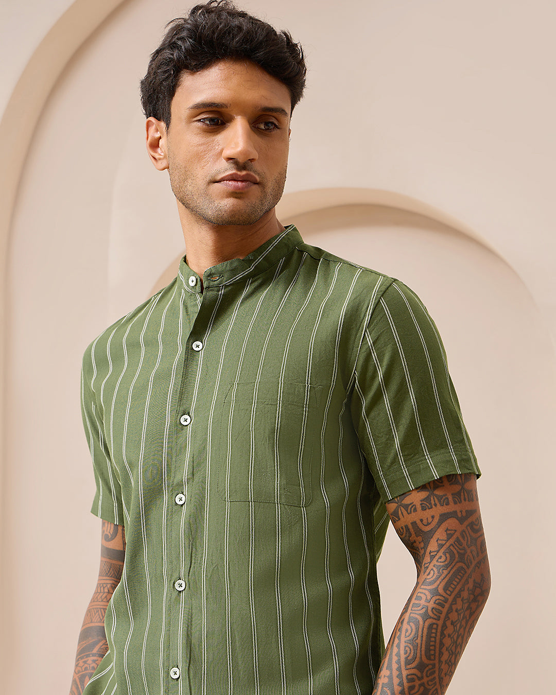 Green Striped - Mandarin Shirt