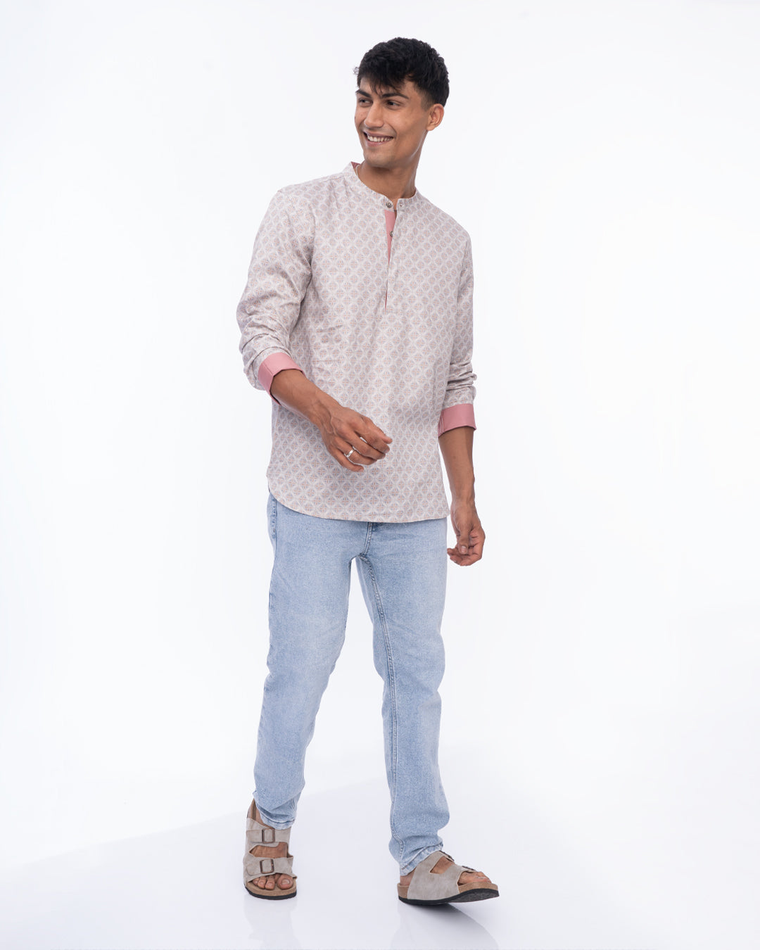 Comfortable traditional mild blue short kurta for men, ideal for casual and festive wear.